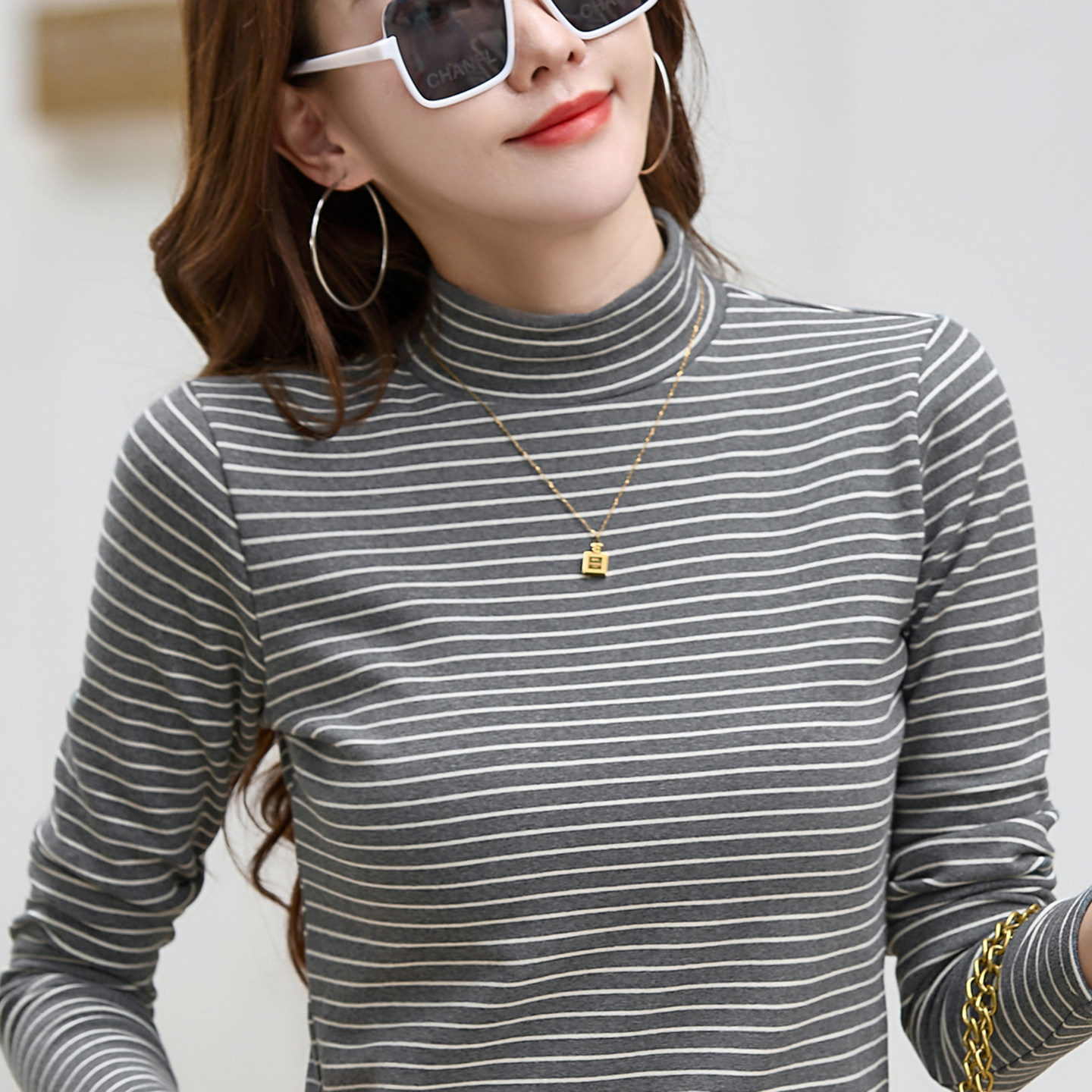 纯棉修身半高领打底衫女春秋贴上衣加厚保暖内搭条纹T恤长袖秋冬