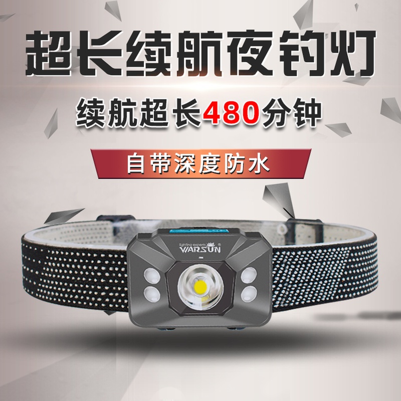 沃尔森W07夜钓鱼灯专用LED充电超亮头戴式超长续航超小轻感应头灯