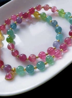 天然巴西彩虹碧玺双圈手链一物一图通透正品碧玺手串老矿料旺夫石