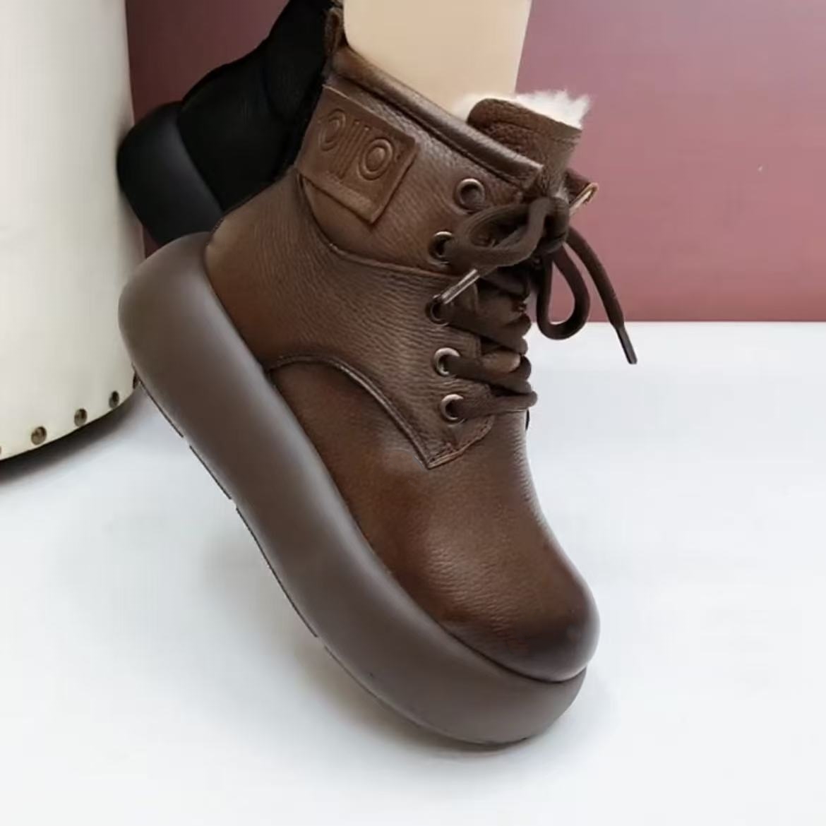 真皮马丁靴女平跟厚底羊毛大棉靴