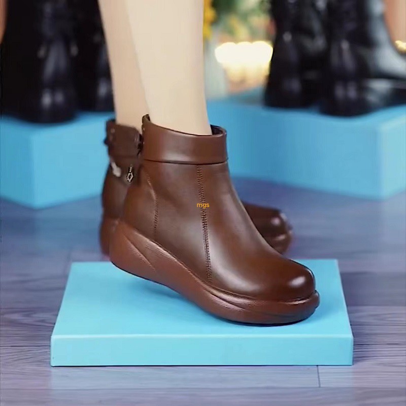 舒适松糕厚底真皮短靴软底妈妈鞋