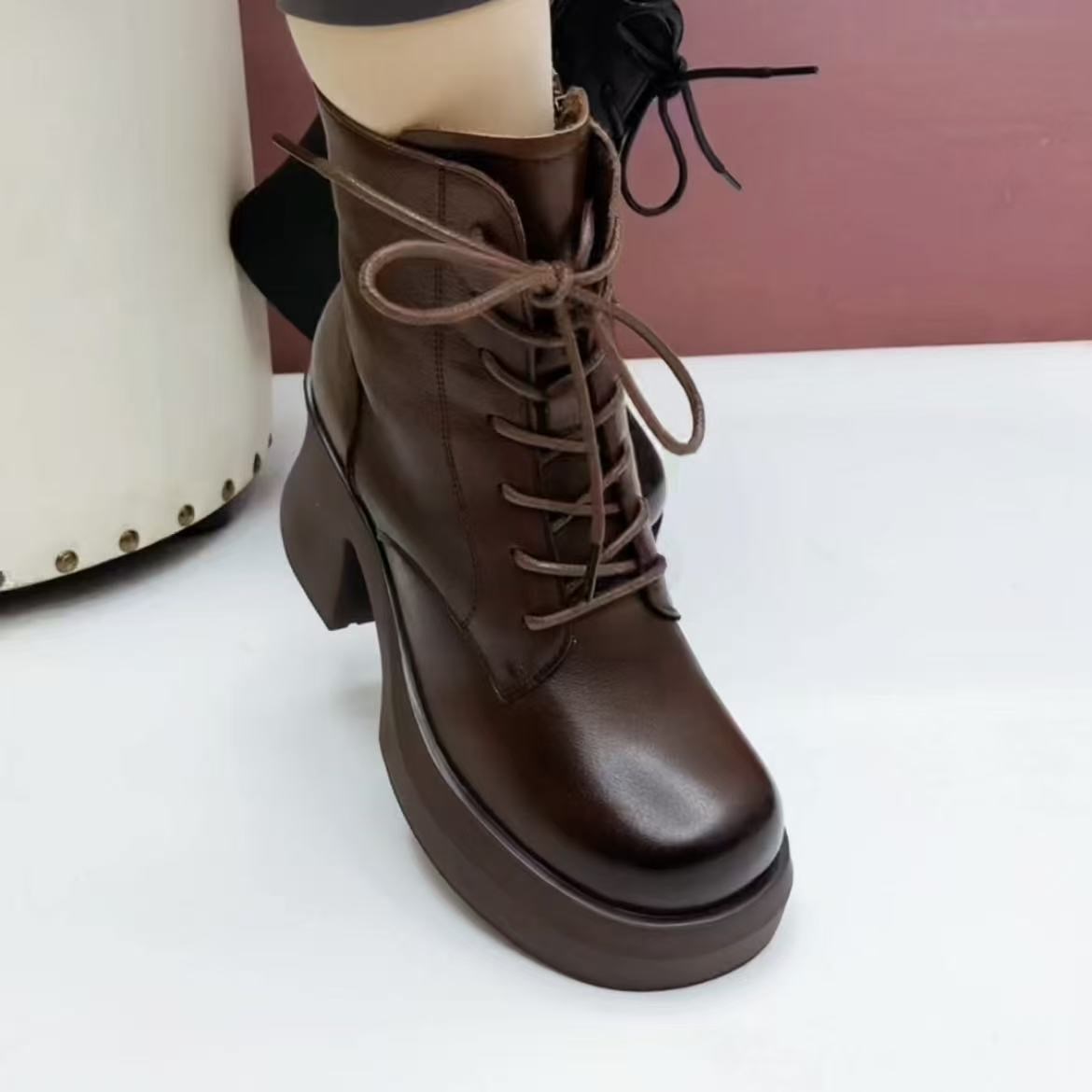 厚底马丁靴女小个子增高真皮短靴