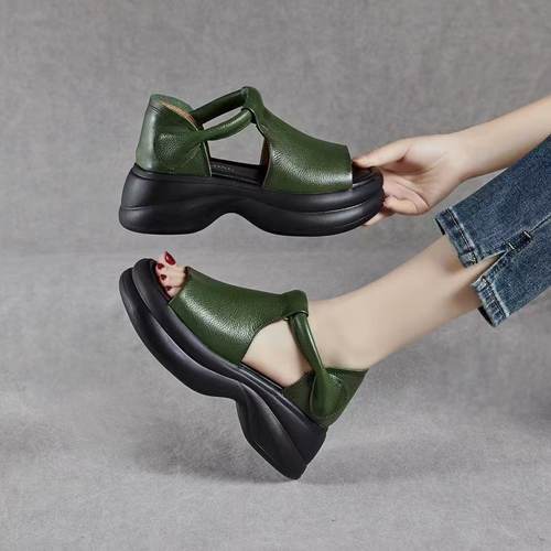 增高厚底凉鞋女夏季外穿真皮粗跟