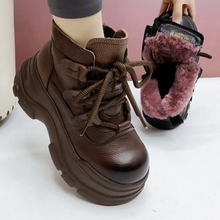 羊皮毛一体马丁靴女2025秋冬新款小个子增高靴子棉靴真皮厚底短靴