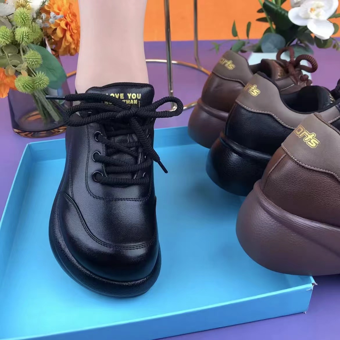 真皮中跟皮鞋舒适软皮厚底妈妈鞋