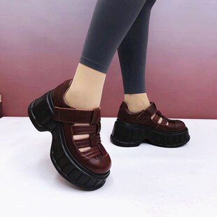 超轻厚底包头凉鞋女2026新款小个子增高鞋夏季真皮镂空罗马凉女鞋