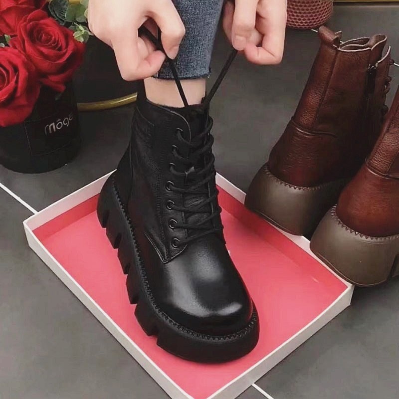 松糕厚底马丁靴加绒真皮女靴单靴