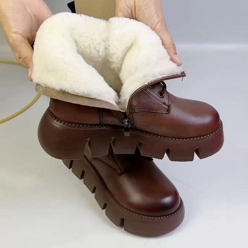 马丁靴女2025秋冬新款真皮女靴舒适百搭圆头加绒中跟松糕厚底短靴,女鞋,马丁靴,淘宝优惠券,粉丝福利购,淘宝优惠卷