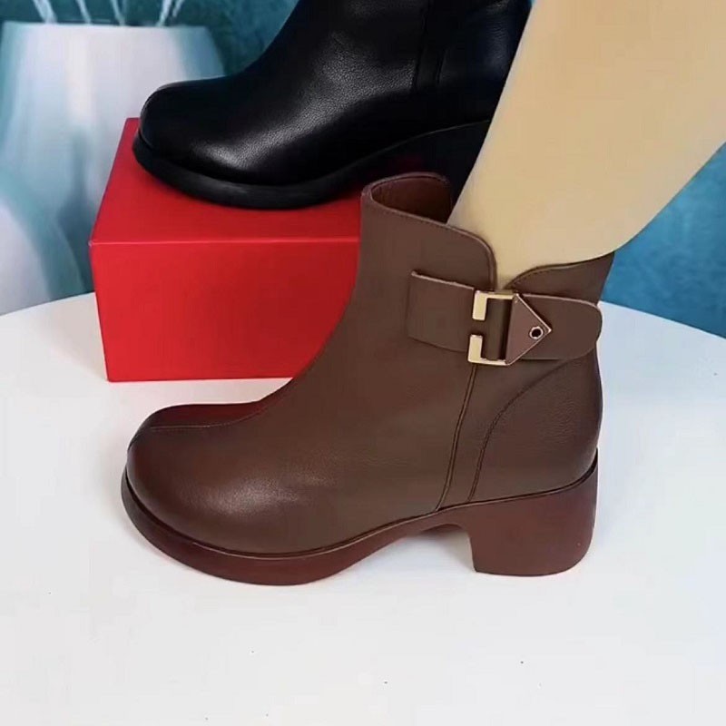 粗跟真皮短靴舒适软底妈妈鞋中跟