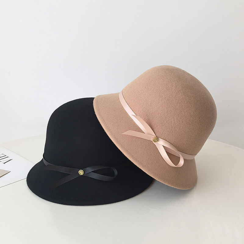 赫本风绸缎蝴蝶结渔夫帽子女新款秋冬季纯羊毛毡帽显脸小盆帽毛呢