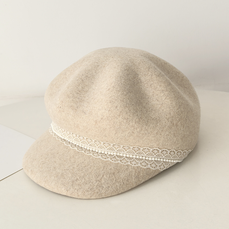 法式蕾丝珍珠羊毛呢八角帽子女秋冬季显脸小鸭舌贝雷帽时尚报童帽