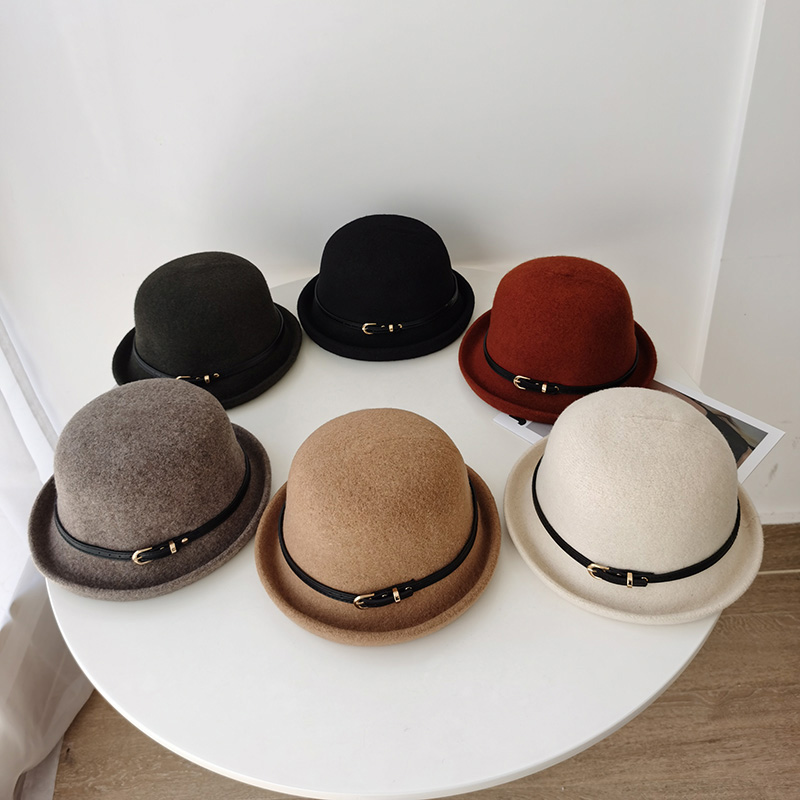 高品质羊毛呢卷边皮带扣小礼帽女