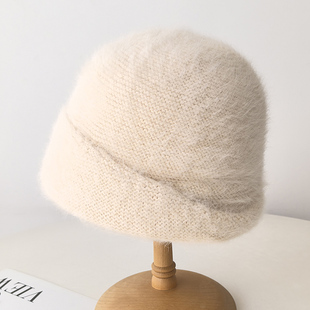 安哥拉兔毛包头针织帽子女秋冬季加厚保暖大头围护耳毛线帽月子帽