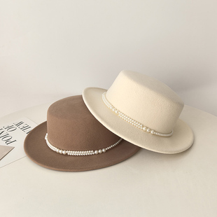 显脸小毡帽 英伦平顶名媛帽子时尚 羊毛呢法式 优雅珍珠礼帽女秋冬季