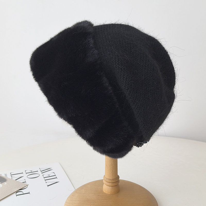 日系简约秋冬款兔毛针织帽子女加厚保暖蒙古帽时尚护耳毛线帽冷帽