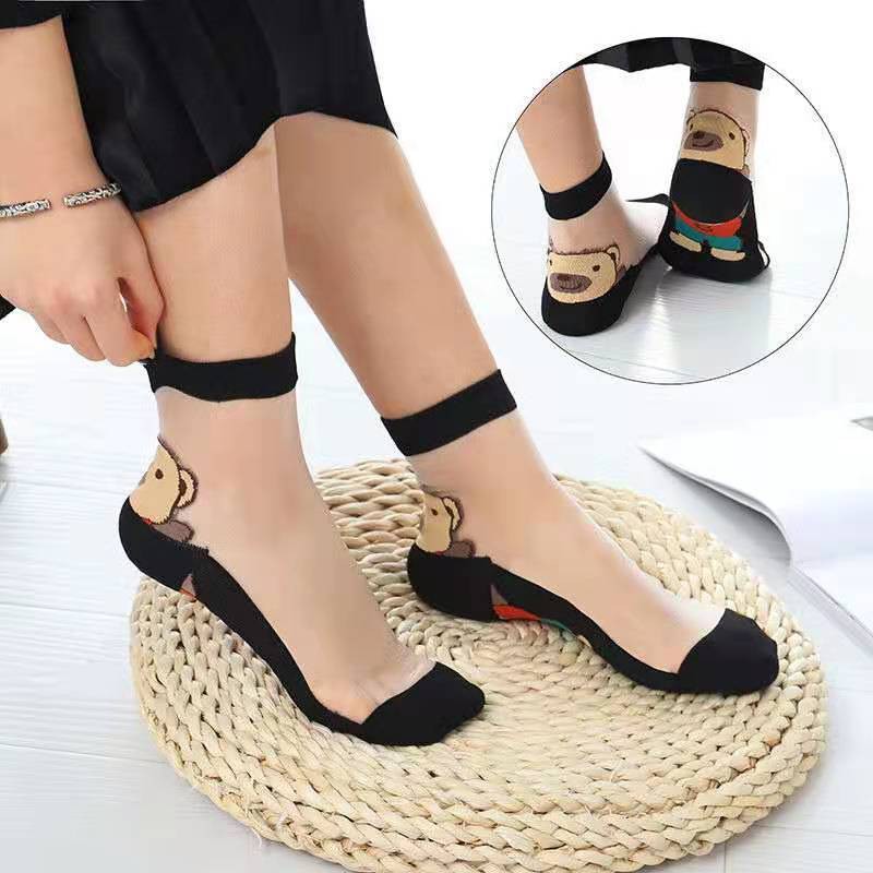 袜子女中筒夏季薄款透明水晶玻璃丝短袜防滑耐磨棉底丝袜女防勾丝