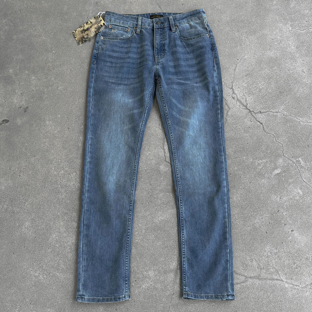 男修身薄款小直筒弹力双R洗水牛仔裤