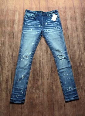 男紫制品重水洗做旧泼墨磨破破洞修身弹力牛仔裤PRPS现货E100P62Y