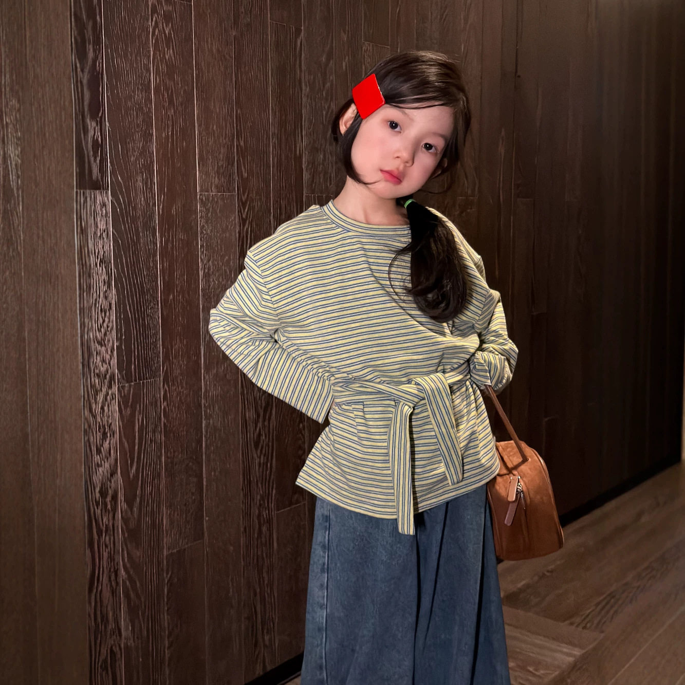 半柚童T恤2026秋季女童韩版条纹休闲打底衫儿童洋气长袖上衣系带
