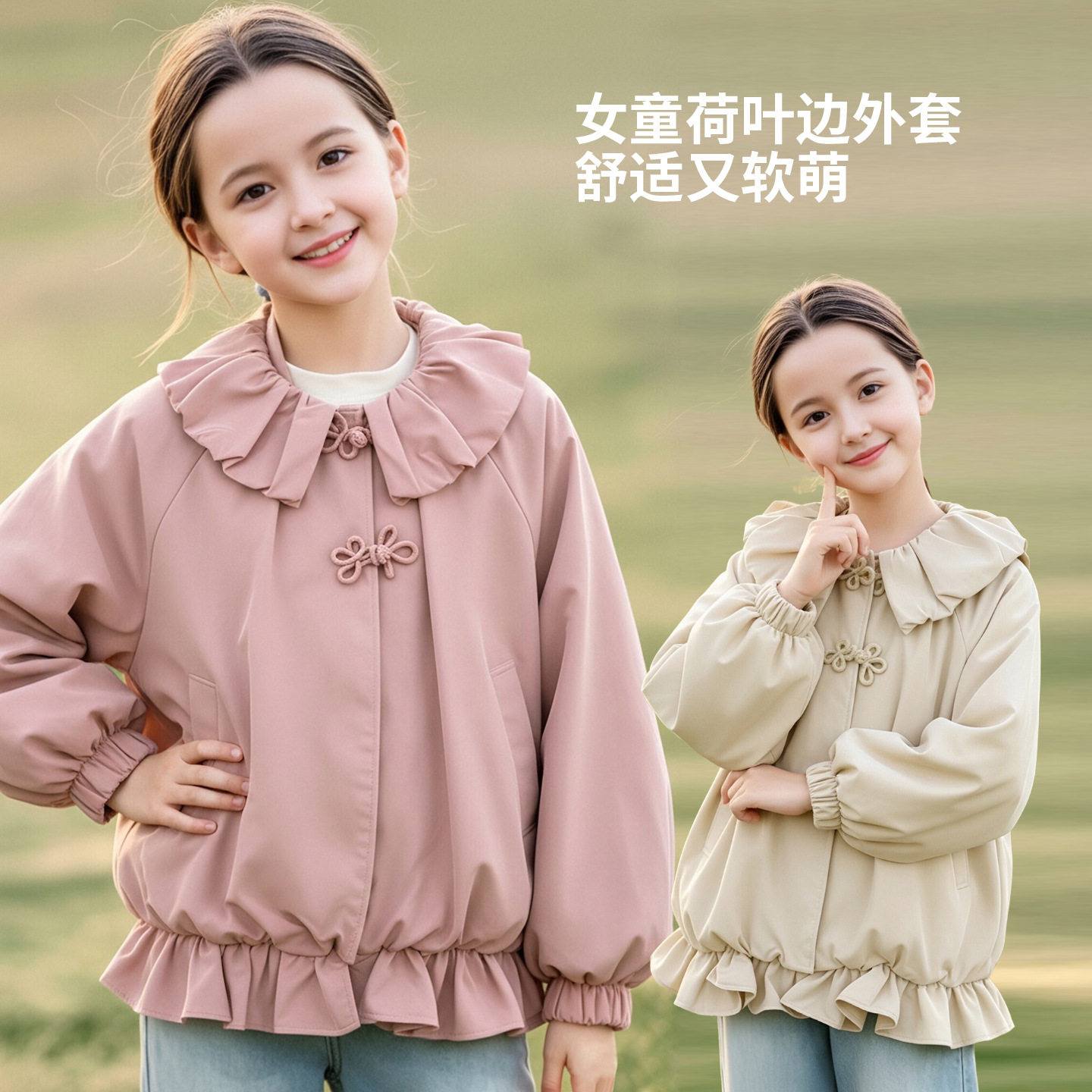 女童风衣春秋新款娃娃领外套韩版宽松款纯色灯笼袖中长款垂感外套