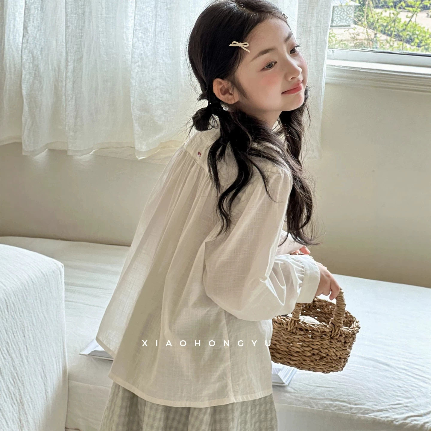 小红鱼女童长袖衬衫秋装秋季棉麻娃娃衫韩国童装儿童春秋亲子衬衣