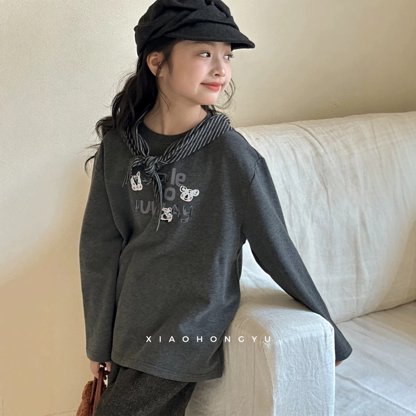 小红鱼女童长袖T恤秋装青少年秋季上衣女大童时髦打底衫童装亲子