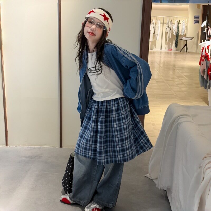 女童条纹拼接牛仔外套2026秋季新款中大童复古棒球服宽松儿童上衣