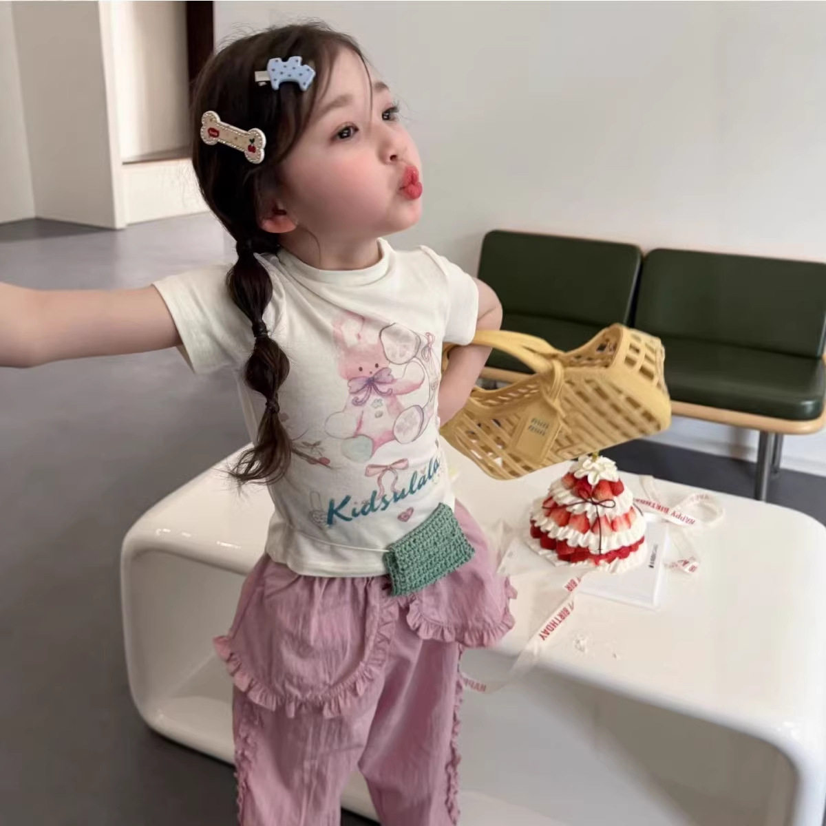2026夏季新款童装女童卡通短袖T恤儿童粉色长裤韩版工装裤