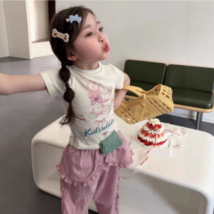 2026夏季新款童装女童卡通短袖T恤儿童粉色长裤韩版工装裤
