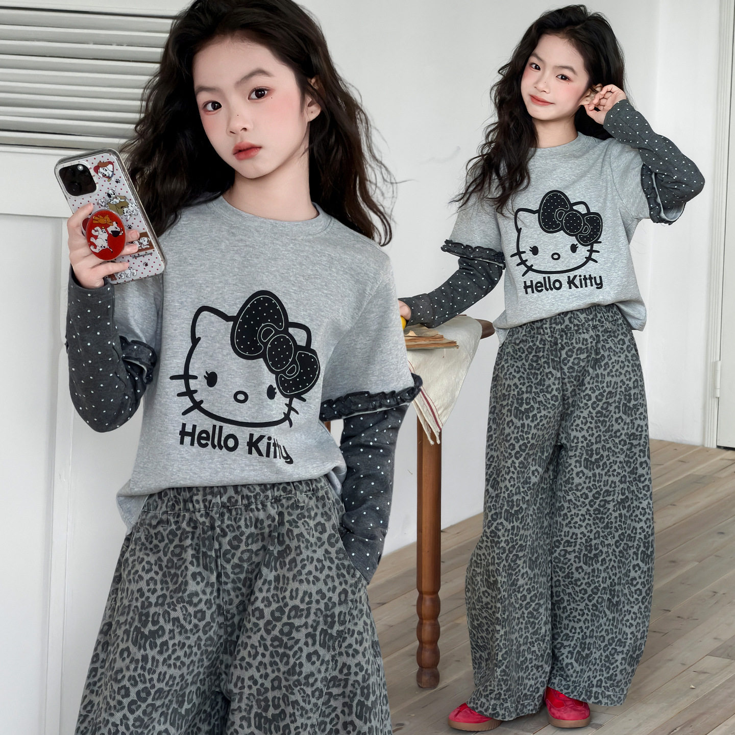 女童春款套装韩范新款中大童春装卡通猫打底上衣花边街舞豹纹裤子