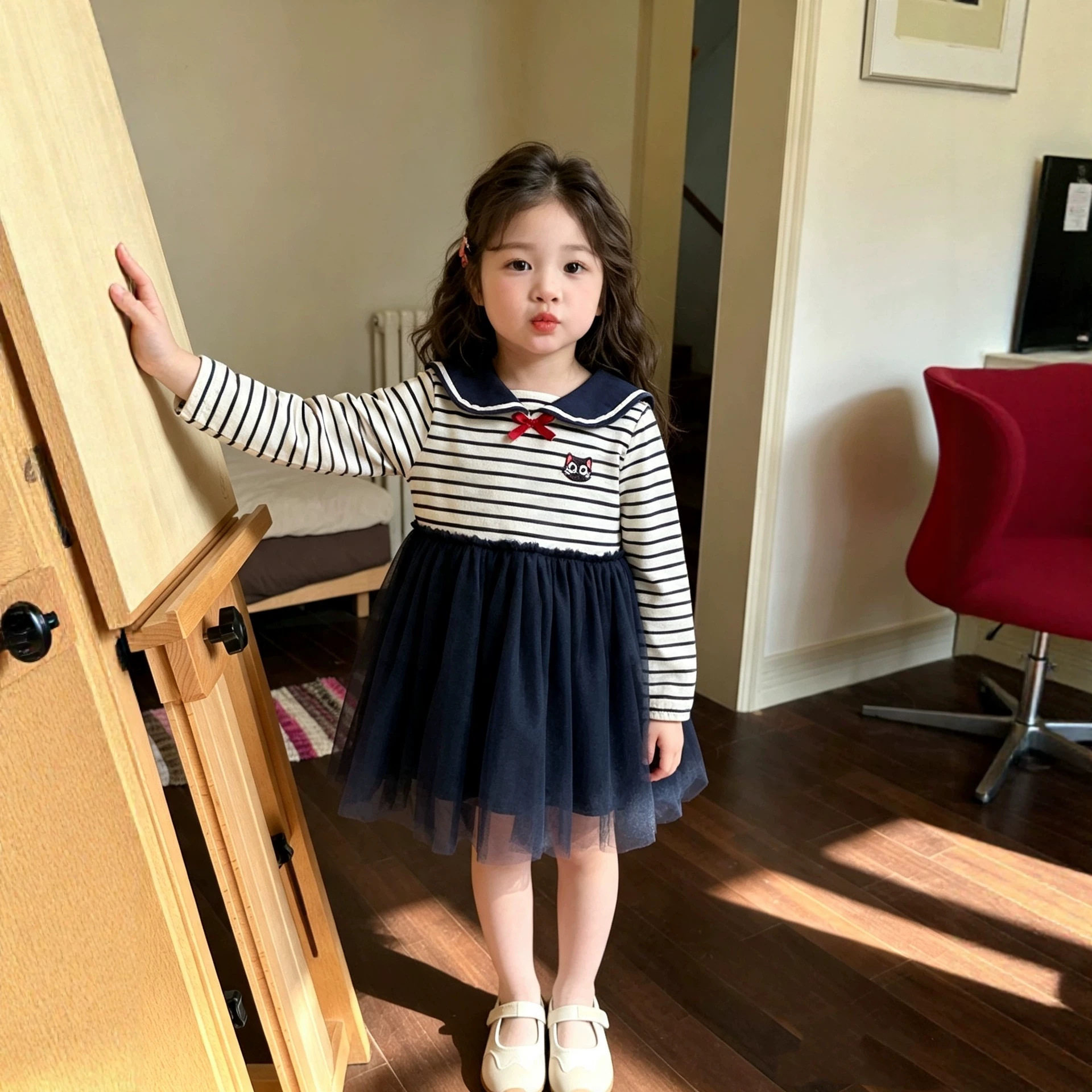 女童条纹连衣裙秋新款儿童海军领蓬蓬网纱裙中小童洋气公主A字裙