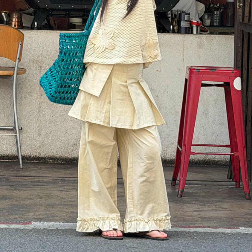 花与寻女童2026新款夏季木耳边直筒裤儿童层次拼接百搭阔腿长裤潮