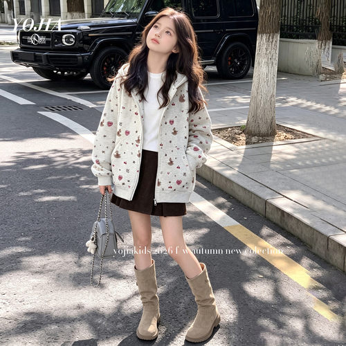 YOJIA女童连帽外套秋款2026新款洋气卡通小女孩卫衣开衫儿童秋装
