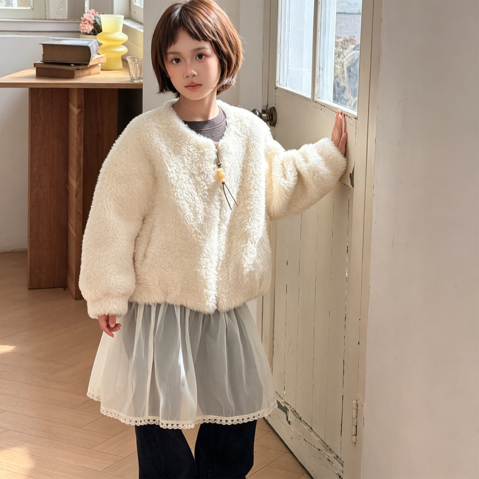 2026冬季新款童装皮草大衣短款圆领两穿加厚女童毛毛外套厂家直销