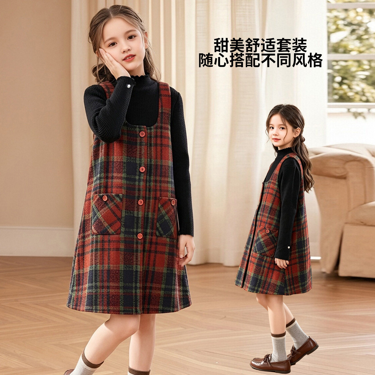 女童套装裙2026新款秋冬季女孩毛衣加厚洋气大童儿童毛呢背带裙子