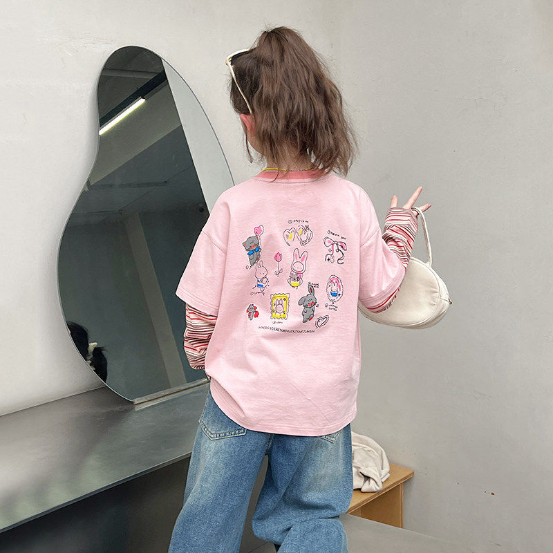 儿童假两件t恤女童长袖上衣大童宽松打底衫女孩2026春秋装新款