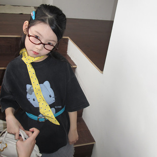 艾摩贝贝女童时髦洗褪做旧工艺宽松半袖韩版可爱猫咪短袖上衣T恤