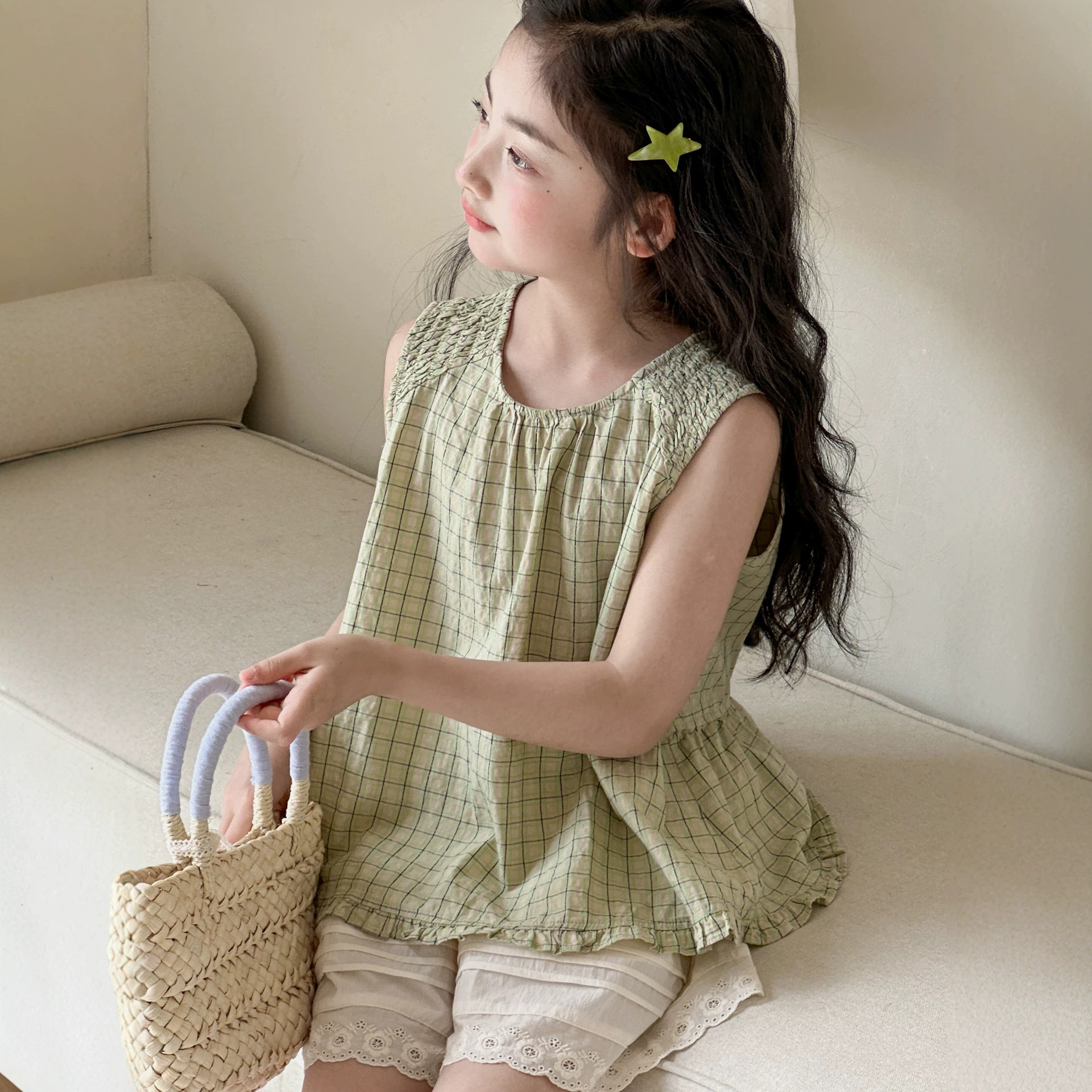 小红鱼女童无袖衬衫夏装2026新款韩国童装初中生夏季衬衣亲子上衣