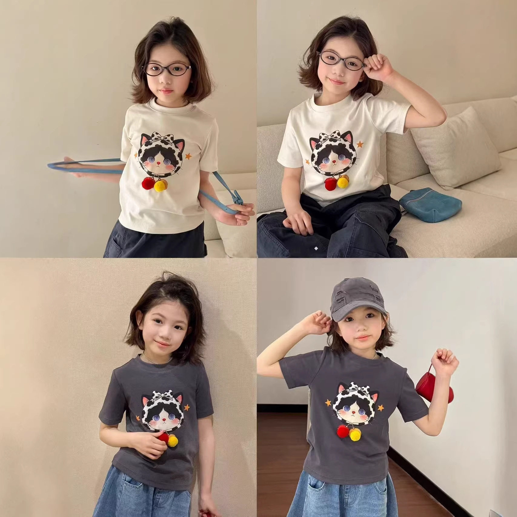 2026夏季新款儿童男女童短袖奶油立体毛球可亲子印花卡通童装批发