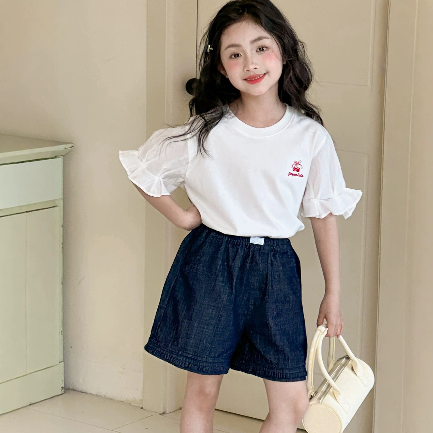 小红鱼泡泡袖T恤夏装2026超火韩国童装女童夏季短袖亲子装五分袖