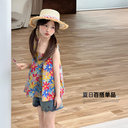 Miaxdx kids童装女童娃娃衫夏季新款儿童宽松田园风背心衬衣