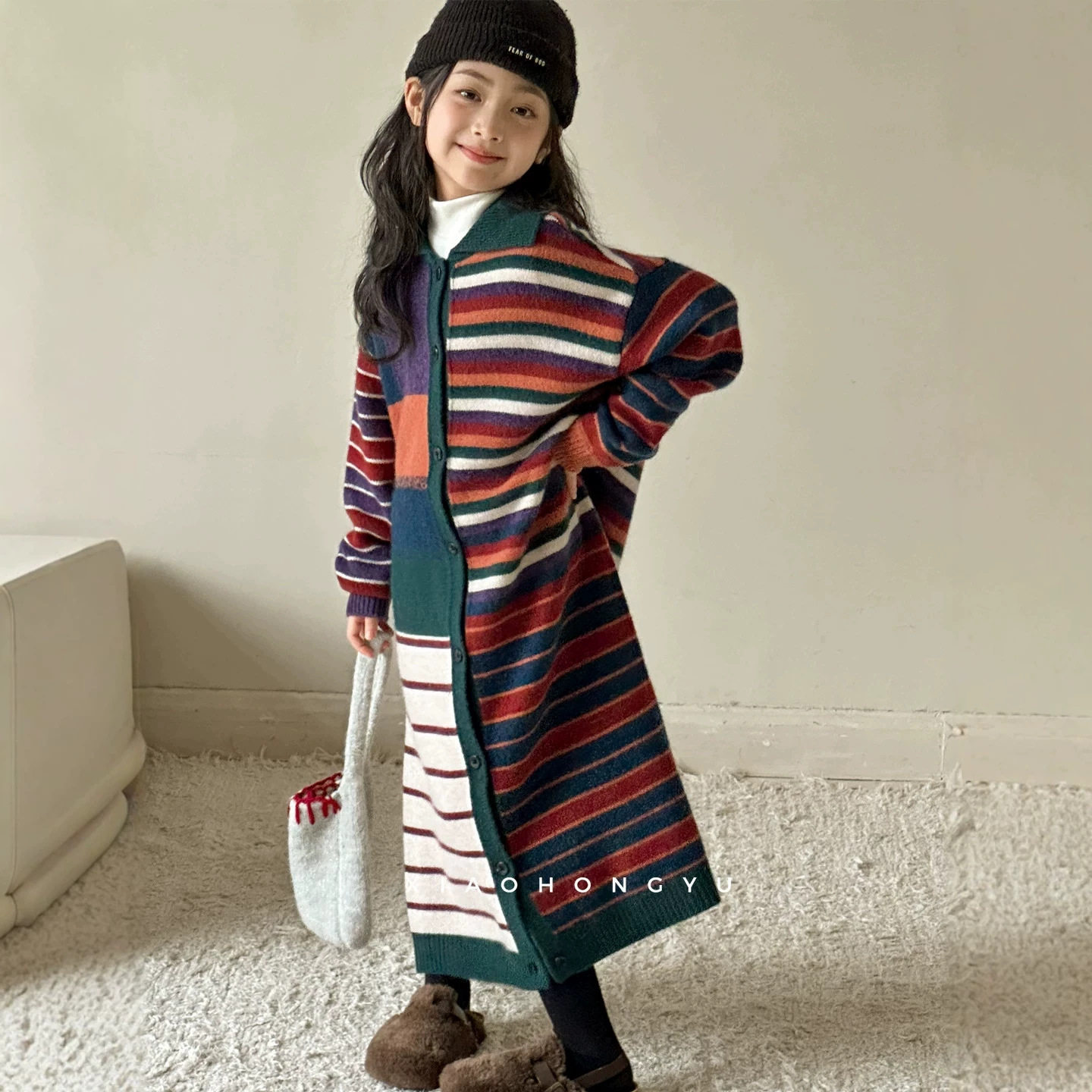 小红鱼女童针织连衣裙秋冬装2026新款亲子装初中生过膝长裙毛衣裙