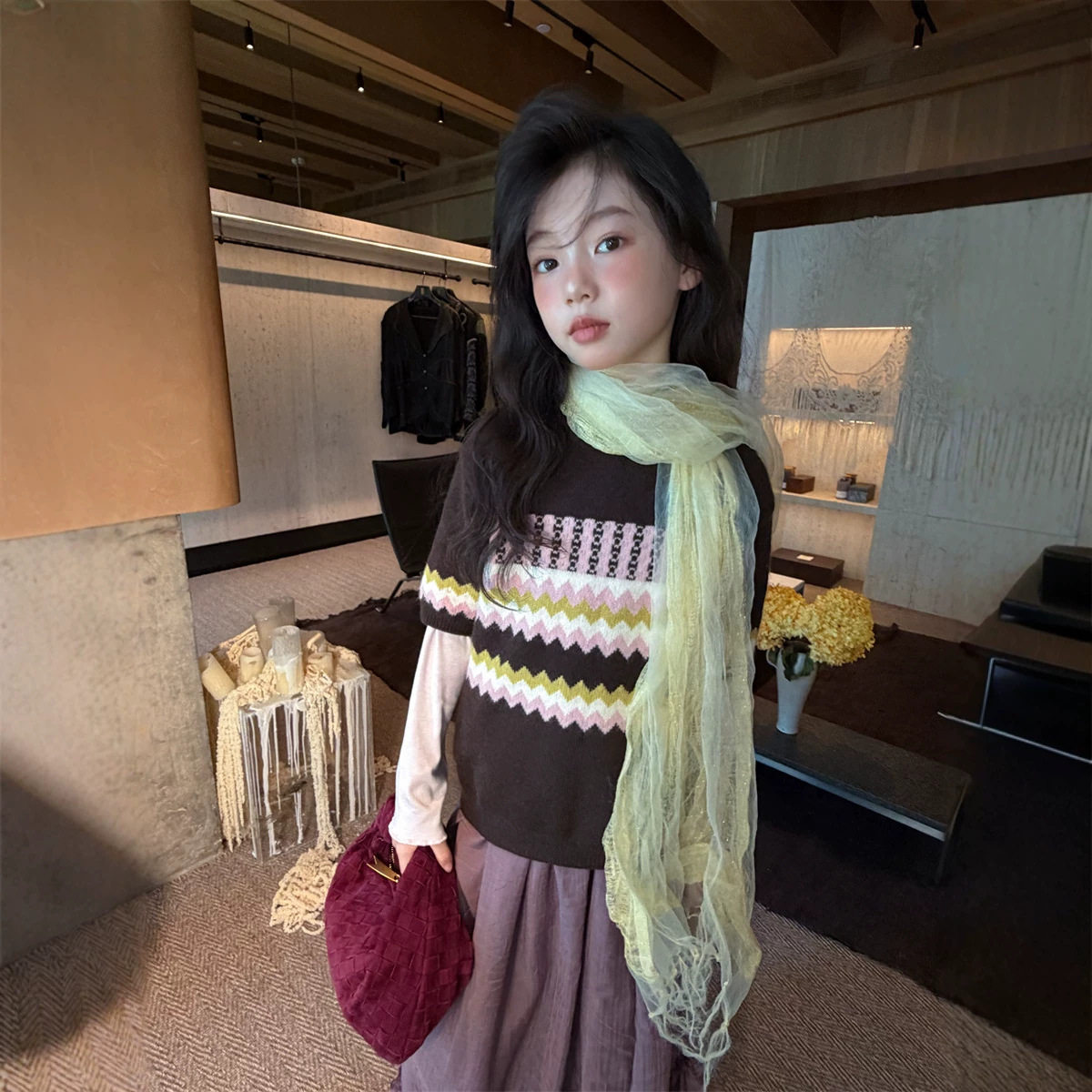 花与寻童装女童毛衣2026秋季新款韩系撞色波浪条纹短袖毛衣百搭潮