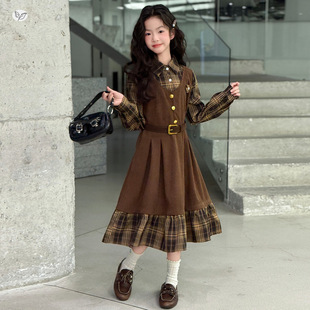 女童假两件连衣裙2026年春季新款中大童格子拼接法式长裙时髦春装