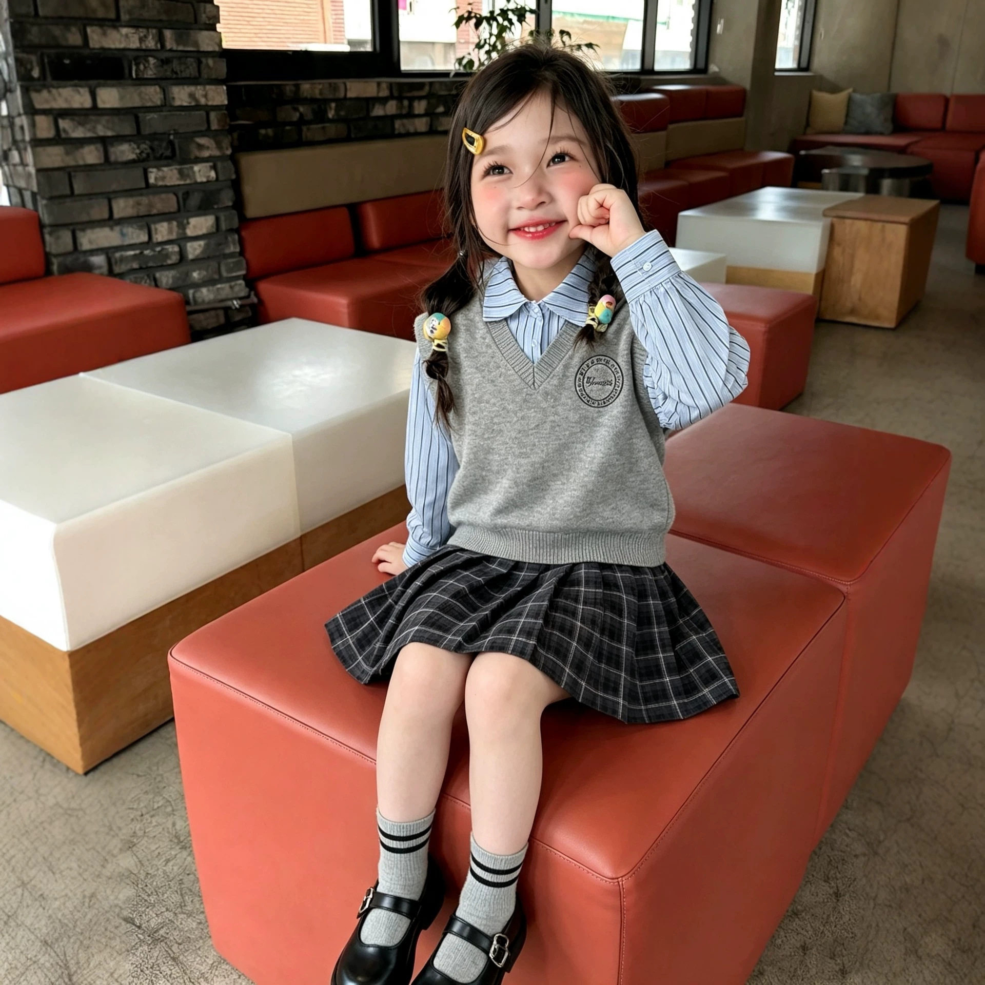 女童学院风套装秋新款儿童绣马甲横条衬衫百褶裙宝宝洋气三件套潮