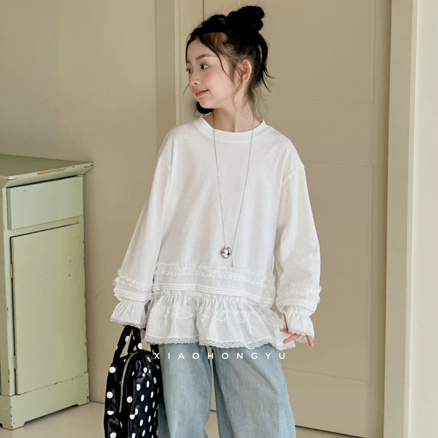 小红鱼女童长袖T恤秋装女大童秋季蕾丝花边上衣初中生独特亲子装