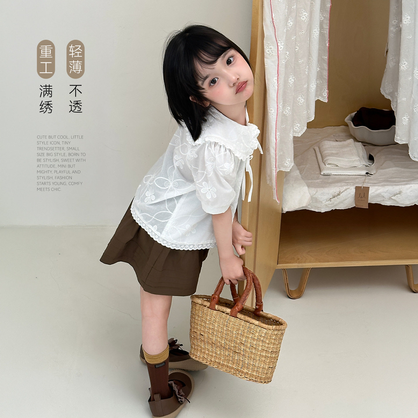 【冰花】女童娃娃衫2026夏季新款儿童全棉短袖衬衫