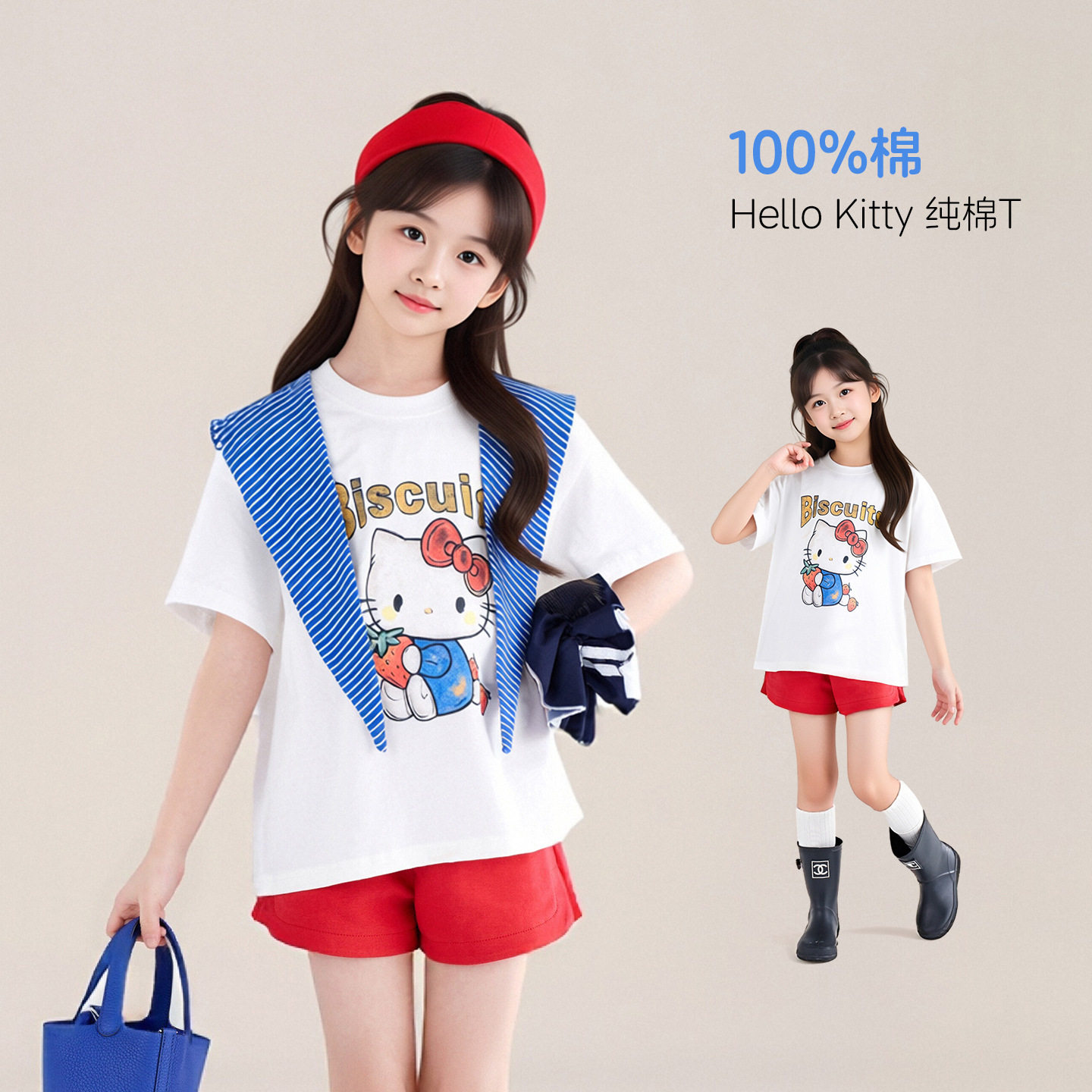 Hello Kitty童装女童100%纯棉短袖T恤2026夏季新款中大童百搭上衣