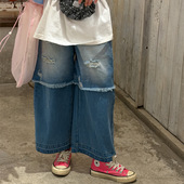 花与寻童装 假两件拼接磨破柔软百搭休闲长裤 女童牛仔裤 2026年春款