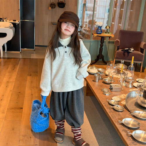 2026秋季新款韩版儿童宽松海棠呢卫衣男女童拼色翻领套头上衣洋气